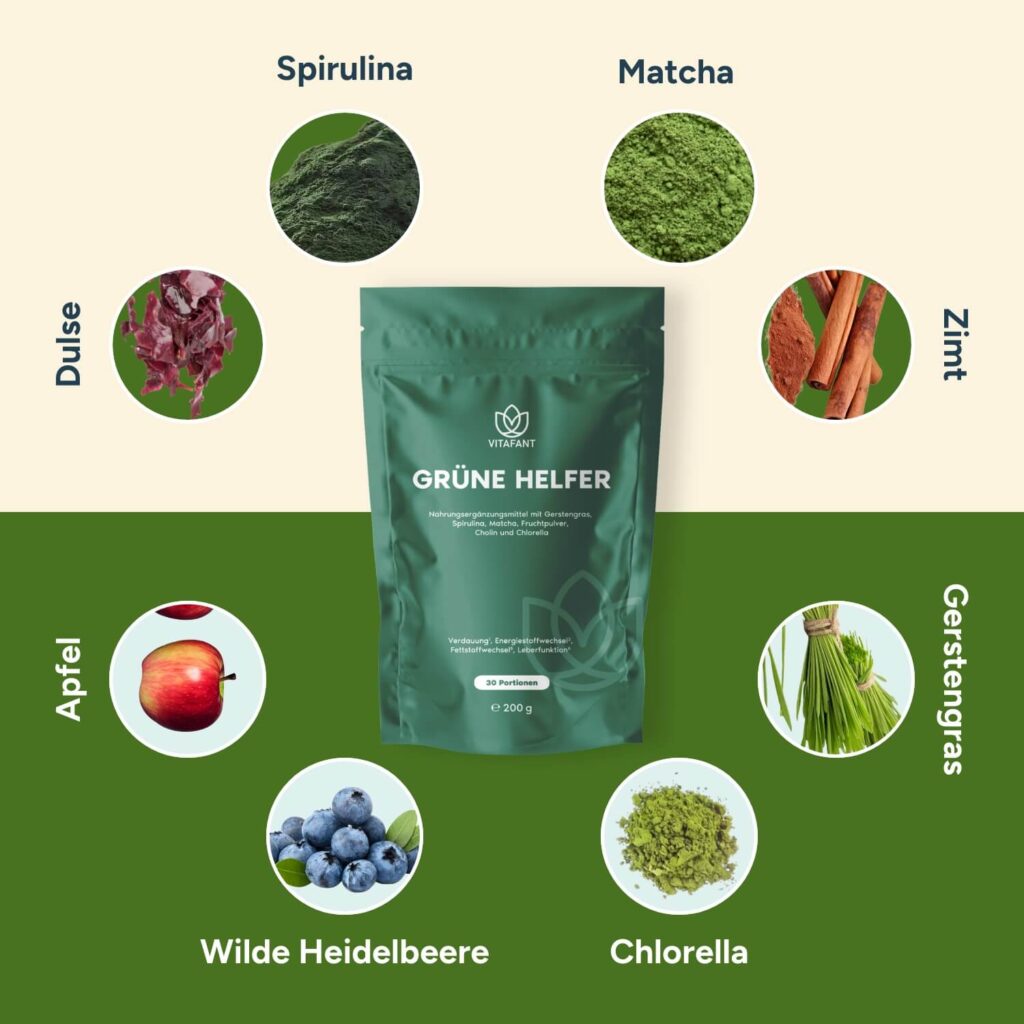Grüne Helfer unterstützen deinen Körper täglich mit wertvollen Pflanzenstoffen. Sie tragen zu normaler Energie², geistiger Klarheit und einem ausgewogenen Fettstoffwechsel⁵ bei. Eine natürliche Routine, die dir hilft, dich vitaler und wohler zu fühlen