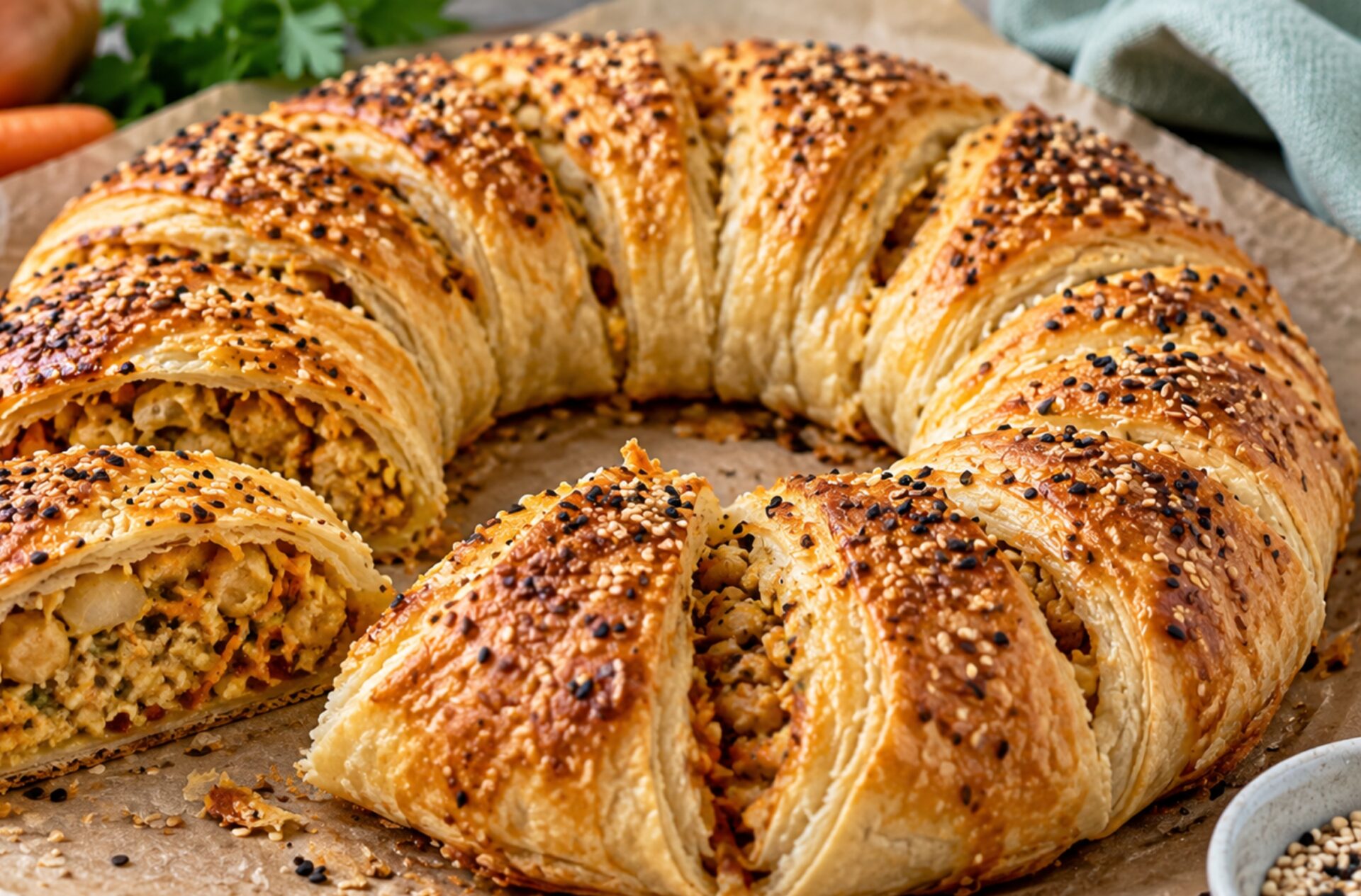 Die Füllung besteht aus Kichererbsen, Karotte, Zwiebel, Tahini, Senf und etwas Mayo. Dazu kommt eine pflanzliche Käsealternative, bevor der Blätterteig eingerollt und als Ring gebacken wird.
