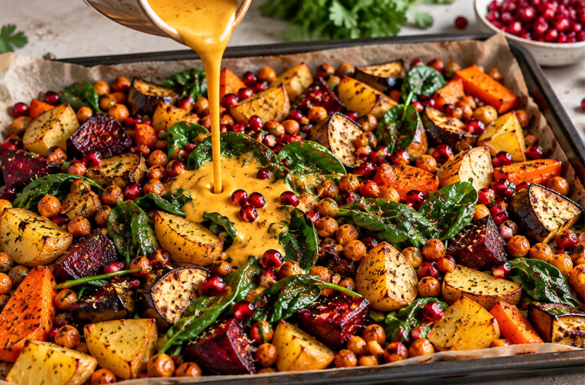 Buntes Gemüseblech mit Kartoffeln, Kichererbsen, Roter Bete und Granatapfel. Einfaches, nährstoffreiches Ofenrezept mit cremigem Tahini-Dressing.