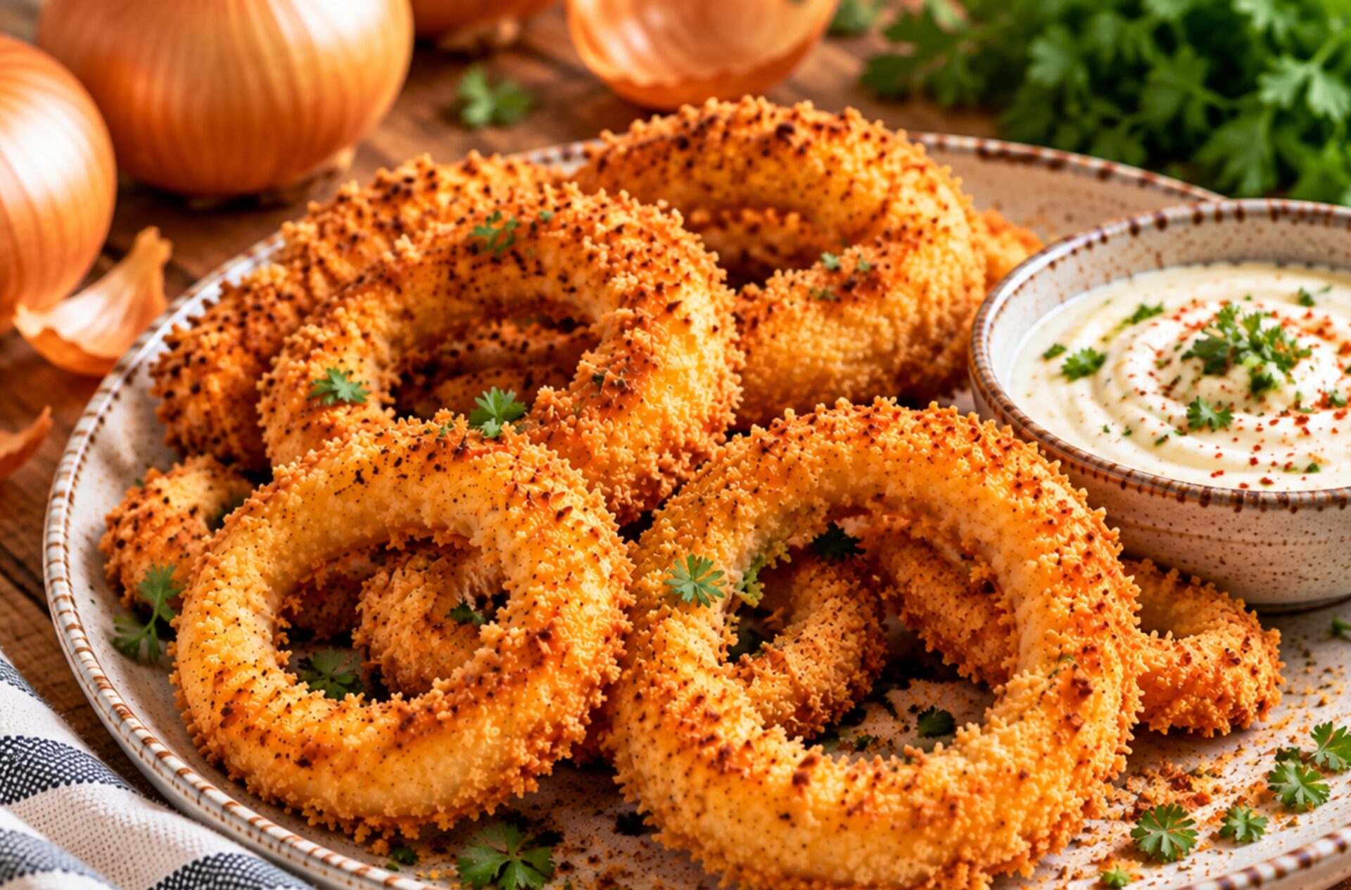 Vegane Zwiebelringe aus dem Airfryer: knusprig mit Kichererbsenmehl