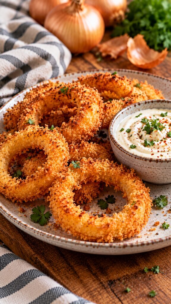 Vegane Zwiebelringe aus dem Airfryer: knusprig mit Kichererbsenmehl