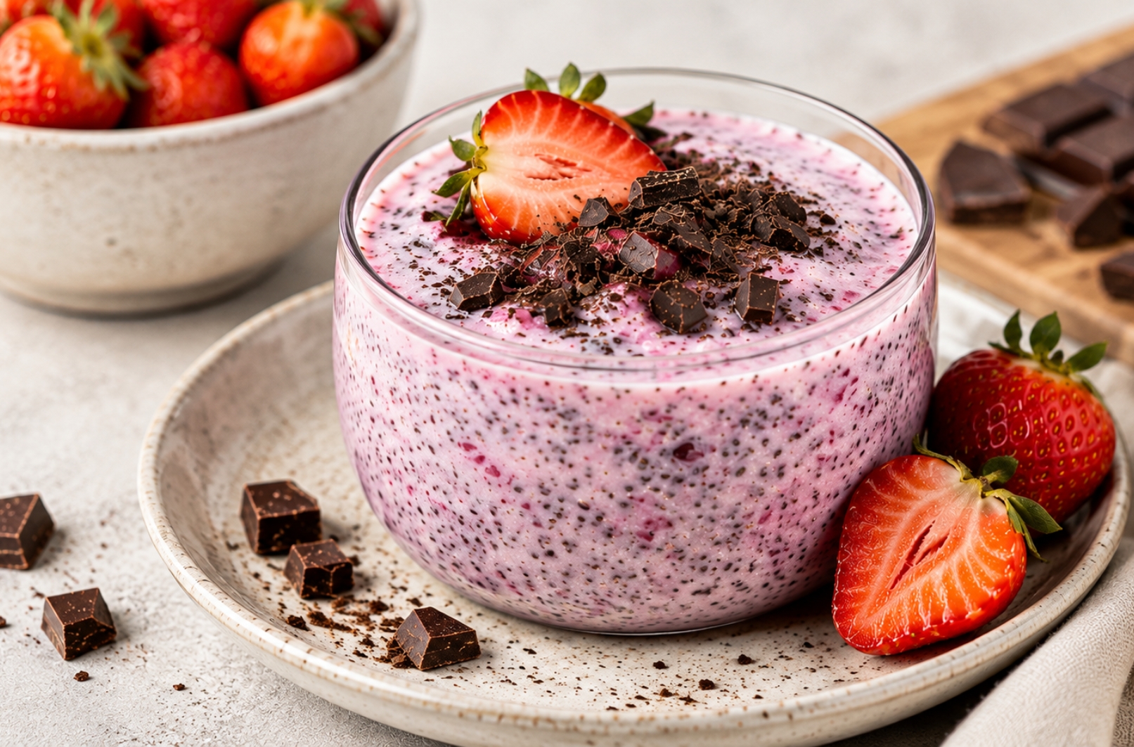 Veganer Erdbeer-Schoko-Chia-Pudding mit Kefir: cremiges Meal-Prep-Frühstück