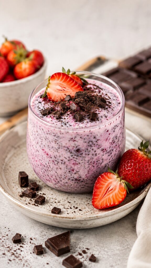 Veganer Chia-Pudding mit Erdbeeren und Schokolade
