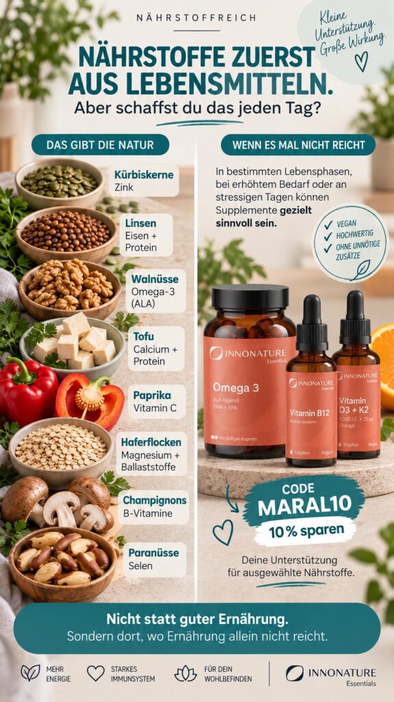 Mit meinem Code MARAL10 spart ihr 10 % im InnoNature Shop. InnoNature steht für hochwertige, vegane Nahrungsergänzungsmittel, ausgewählte Inhaltsstoffe und einen bewussten, nachhaltigen Ansatz.