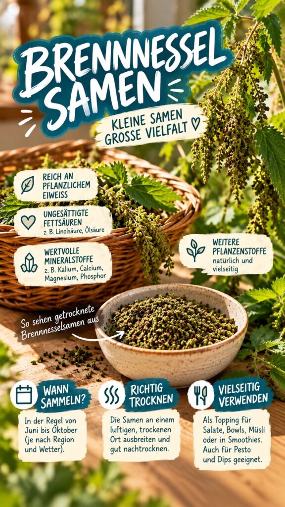 Brennnesselsamen sammeln, richtig erkennen und verwenden: Erfahre mehr über Nährstoffe, Zubereitung und Bio-Brennnesselsamen sowie Brennnessel-Tinktur.