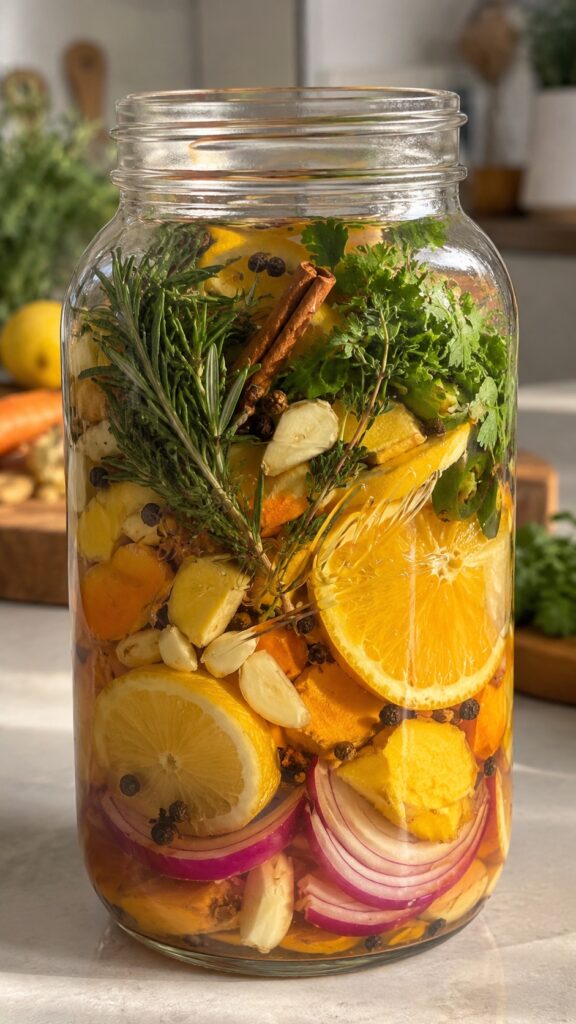 Fire Cider selber machen: Entdecke das würzige Rezept mit Apfelessig, Ingwer, Kurkuma, Knoblauch, Zitrusfrüchten und Kräutern