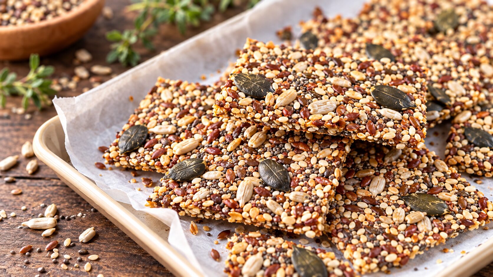 Knusprige Saaten-Cracker mit Chia, Leinsamen, Kürbiskernen und Sesam. Einfaches Rezept für einen nährstoffreichen Snack mit vielen Ballaststoffen.