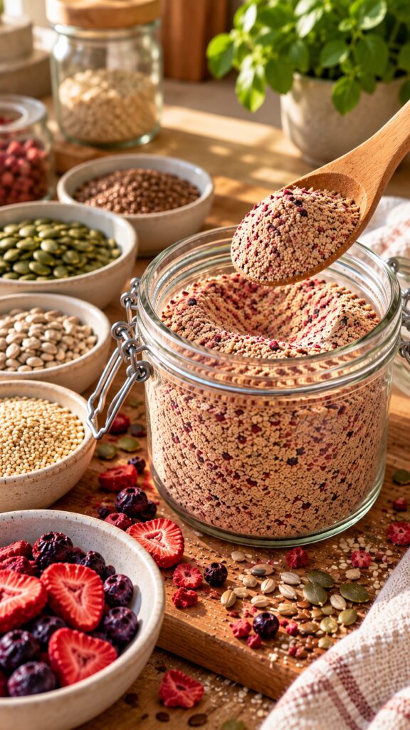 Du möchtest mehr Nährstoffe in deinen Alltag integrieren, hast aber keine Lust, jeden Tag aufwendig neue Rezepte auszuprobieren? Dann haben wir einen einfachen Tipp für dich: Mach dein eigenes Nährstoffpulver aus Samen, Kernen und gefriergetrockneten Beeren.