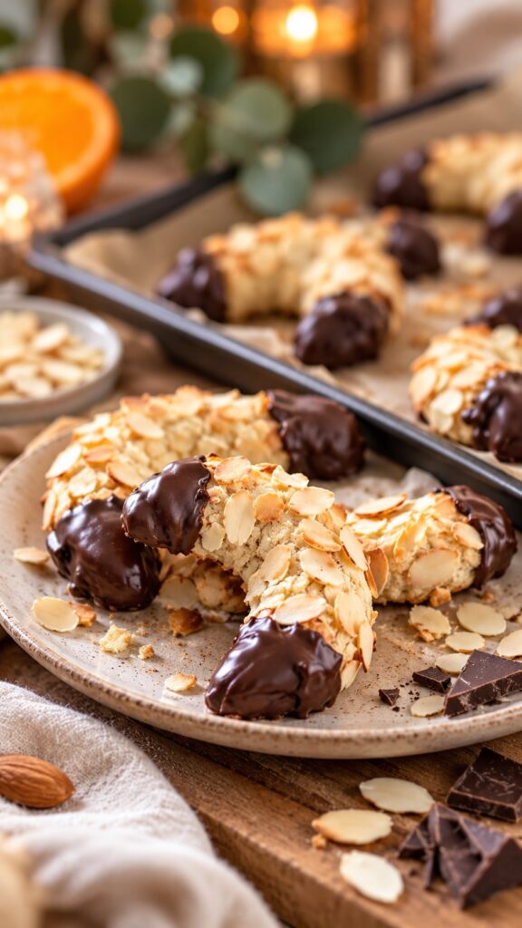Vegane Mandelhörnchen mit Mandelmus, Orange und Kardamom: außen knusprig, innen saftig und mit dunkler Schokolade. Einfaches Rezept zum Nachbacken.