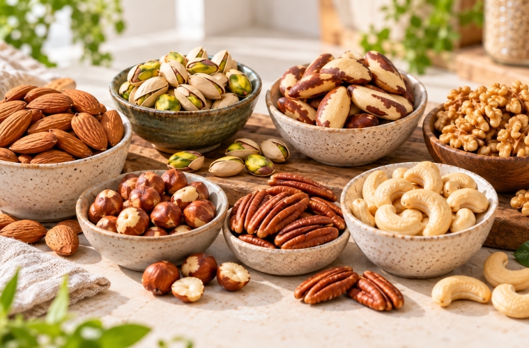 Welche Nüsse sind besonders gesund? Erfahre, welche Nährstoffe Mandeln, Pistazien, Paranüsse, Walnüsse, Haselnüsse, Pekannüsse und Cashews liefern.