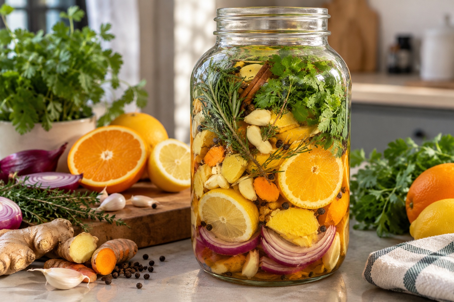 Fire Cider selber machen: Entdecke das würzige Rezept mit Apfelessig, Ingwer, Kurkuma, Knoblauch, Zitrusfrüchten und Kräutern